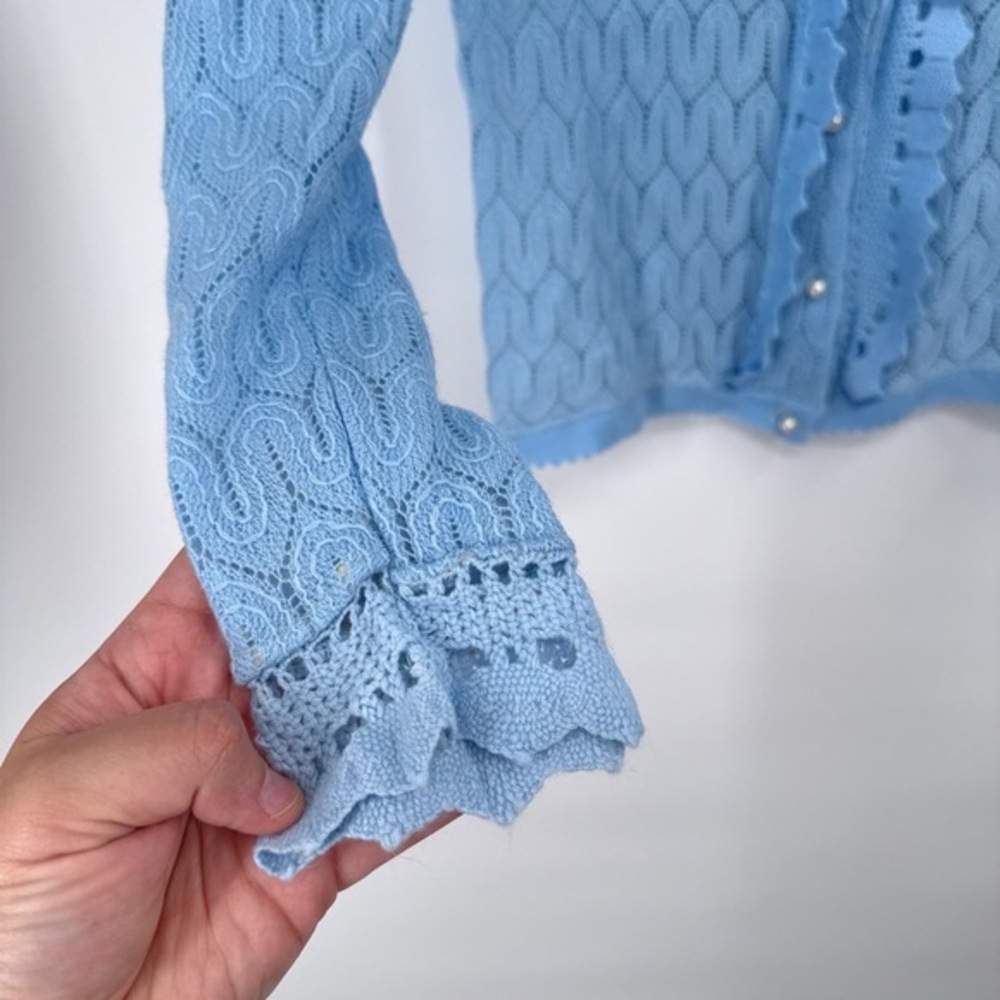 Vintage 70s Blue Open Knit Cardigan Womens M Lace Coquette Pastel Feminine Cute - Picture 4 of 8